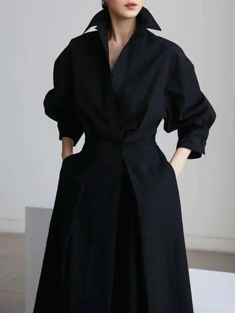 Women Beige Pleated Long Big Size Elegant Dress New Lapel Long Sleeve Loose Fit Fashion Tide Spring Autumn 2025 1DE91400