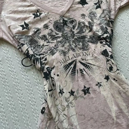 Load image into Gallery viewer, Women Vintage Print All Match Slim Waist Tees Streetwear Grunge V-neck Tops Y2k Aesthetic Casual T-Shirts Female Korean Harajuku
