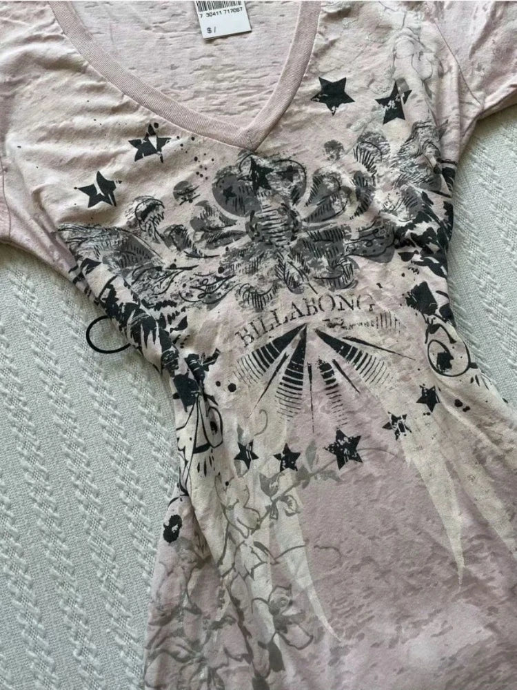 Women Vintage Print All Match Slim Waist Tees Streetwear Grunge V-neck Tops Y2k Aesthetic Casual T-Shirts Female Korean Harajuku