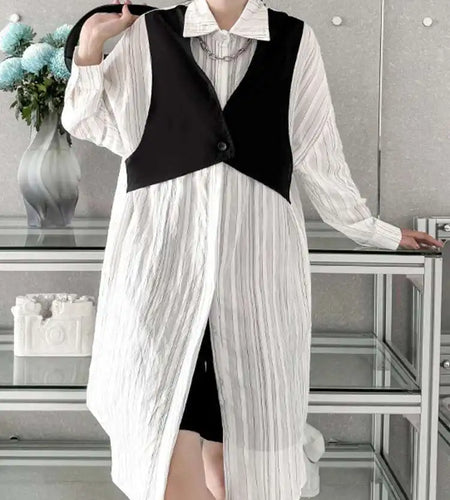 Women Black White Color-block Big Size Striped Shirt Dress New Lapel Long Sleeve Fashion Spring Autumn 2025 1DH4348