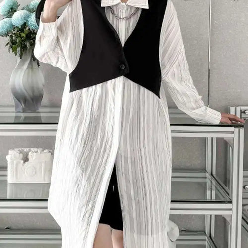 Load image into Gallery viewer, Women Black White Color-block Big Size Striped Shirt Dress New Lapel Long Sleeve Fashion Spring Autumn 2025 1DH4348
