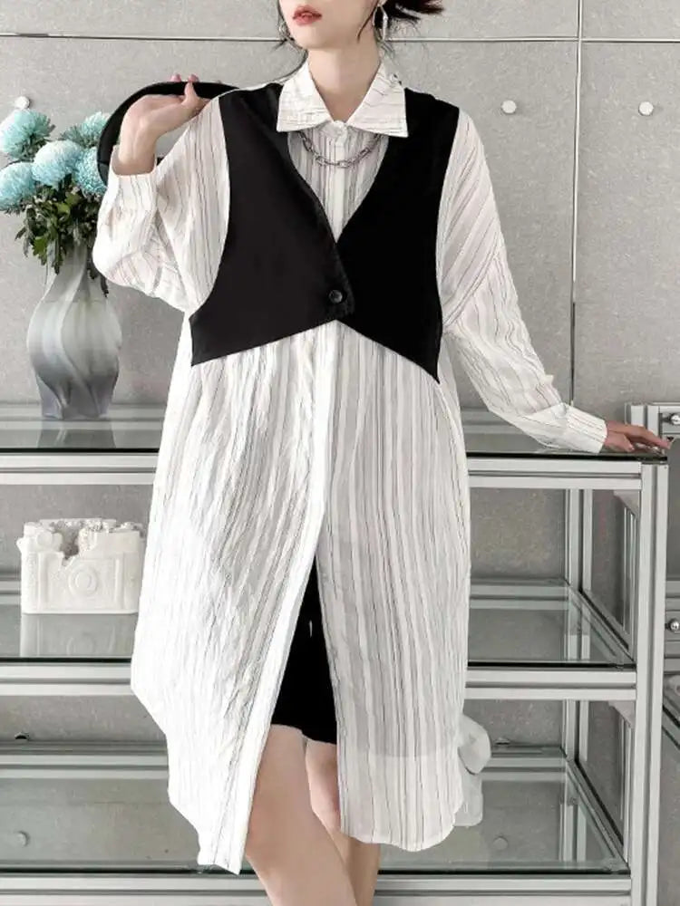 Women Black White Color-block Big Size Striped Shirt Dress New Lapel Long Sleeve Fashion Spring Autumn 2025 1DH4348