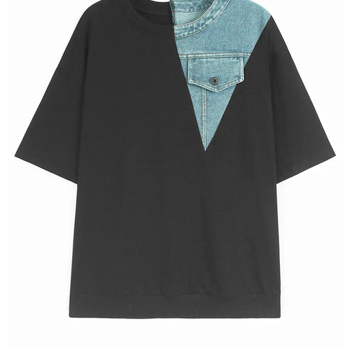 Load image into Gallery viewer, Women Gray Denim Color-block Big Size Casual T-shirt New Round Neck Short Sleeve Fashion Tide Spring Summer 2025 1DJ1354
