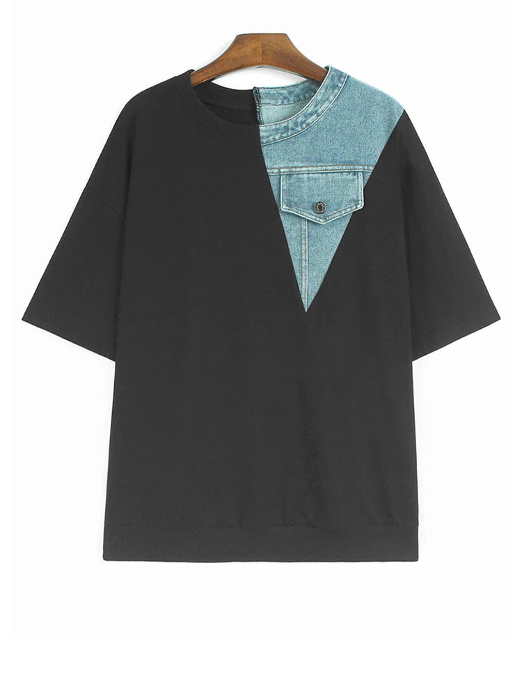 Women Gray Denim Color-block Big Size Casual T-shirt New Round Neck Short Sleeve Fashion Tide Spring Summer 2025 1DJ1354