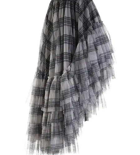 High Elastic Waist Red Plaid Mesh Irregular Long Casual Half-body Skirt Women Fashion Tide New Spring Autumn 2025 1DF1247