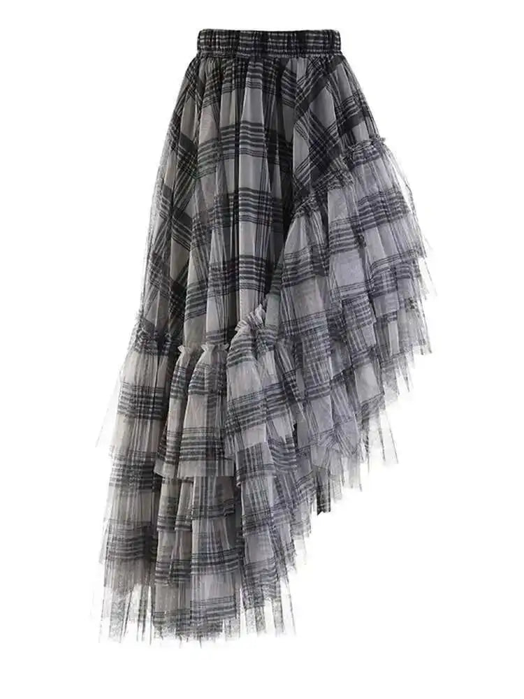High Elastic Waist Red Plaid Mesh Irregular Long Casual Half-body Skirt Women Fashion Tide New Spring Autumn 2025 1DF1247