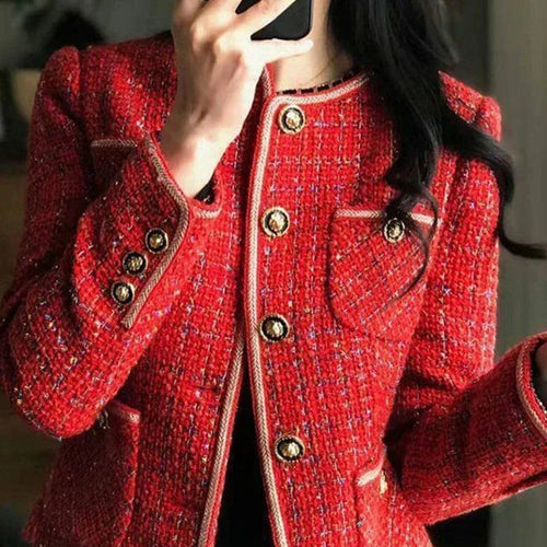 Load image into Gallery viewer, Korean Elegant Women&#39;s Coat New Autumn/Winter Sweet Casual Loose O-neck Single Breasted Suit Coat Red Tweed Blazer Women
