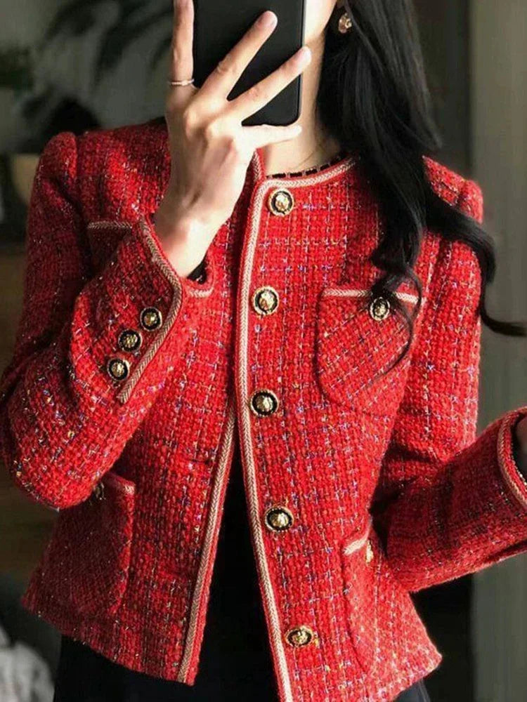 Korean Elegant Women's Coat New Autumn/Winter Sweet Casual Loose O-neck Single Breasted Suit Coat Red Tweed Blazer Women