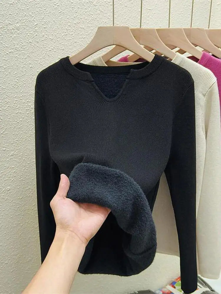Autumn Winter Korean Fashion Solid V Neck Velvet Knit Crochet Sweater Women Warm Long Sleeve Pullovers Tops Casual Popular Trend