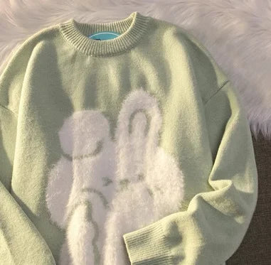 Japanese Cute Rabbit Jacquard Sweater Women Black Pullover Sueter Mujer Y2k Top Jumper Harajuku Knit   Tops