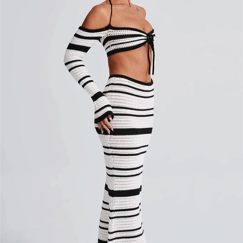 Load image into Gallery viewer, Striped Knit Skirt Two Piece Sets Women Strapless Long Sleeve Crop Tops And Maxi Skirt Sexy Two Piece Sets Knitwear
