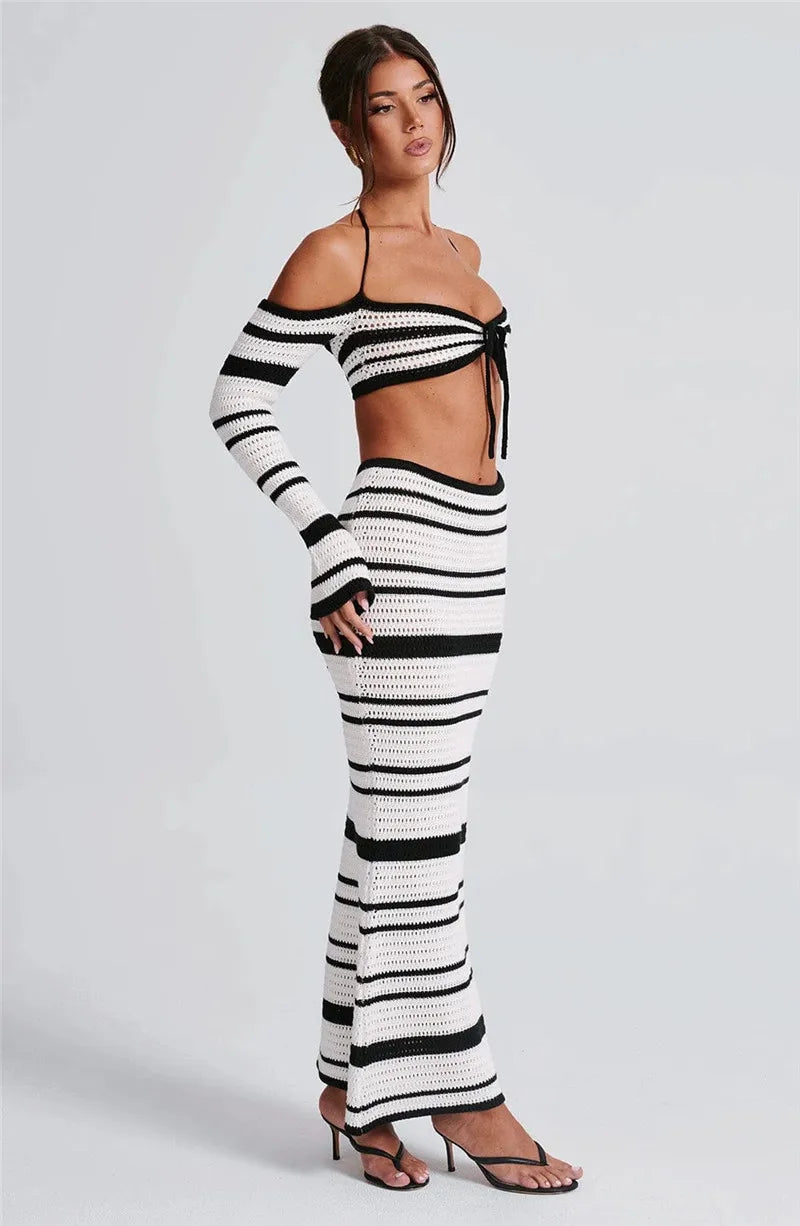 Striped Knit Skirt Two Piece Sets Women Strapless Long Sleeve Crop Tops And Maxi Skirt Sexy Two Piece Sets Knitwear