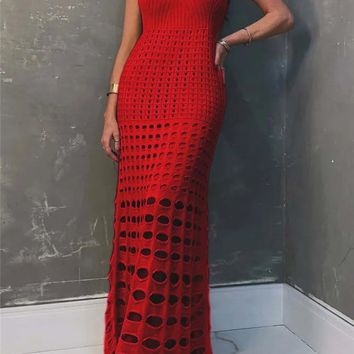 Load image into Gallery viewer, Strapless Off-shoulder Hollow Out Knit Maxi Dress For Women Gown Fashion Sleeveless Backless Beach Skinny Long Dress
