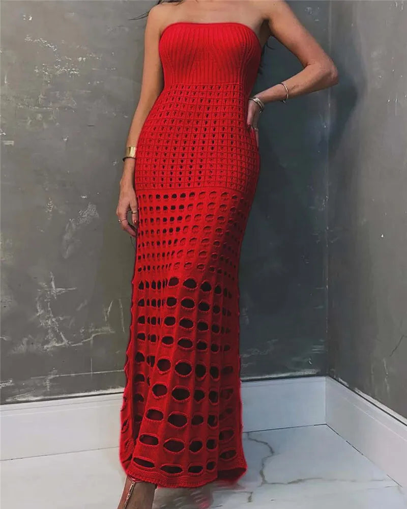 Strapless Off-shoulder Hollow Out Knit Maxi Dress For Women Gown Fashion Sleeveless Backless Beach Skinny Long Dress