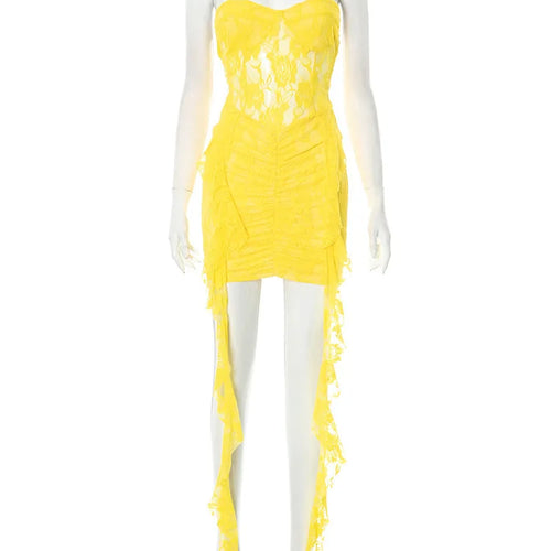 Load image into Gallery viewer, Lace Ruffle Sexy Mini Dress Women Summer New Off-shoulder Backless Sleeveless Draped Ruched  Beach Club Long Dress
