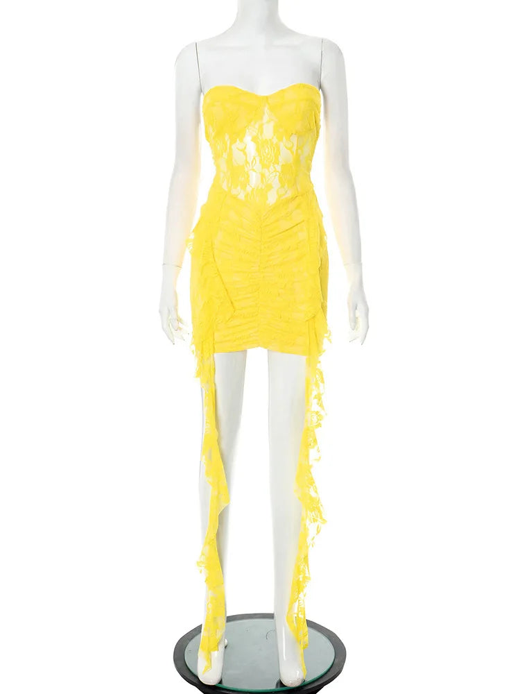 Lace Ruffle Sexy Mini Dress Women Summer New Off-shoulder Backless Sleeveless Draped Ruched  Beach Club Long Dress