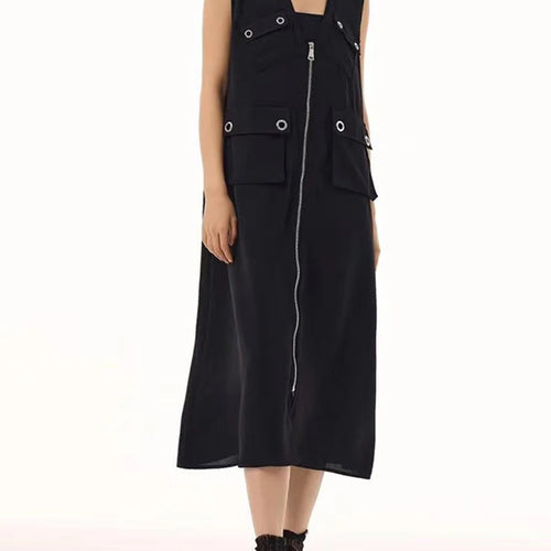Load image into Gallery viewer, Women Black Zipper Pockets Spliced Big Size Midi Vest Dress New V-Neck Sleeveless Fashion Tide Spring Autumn 2025  1DJ1194
