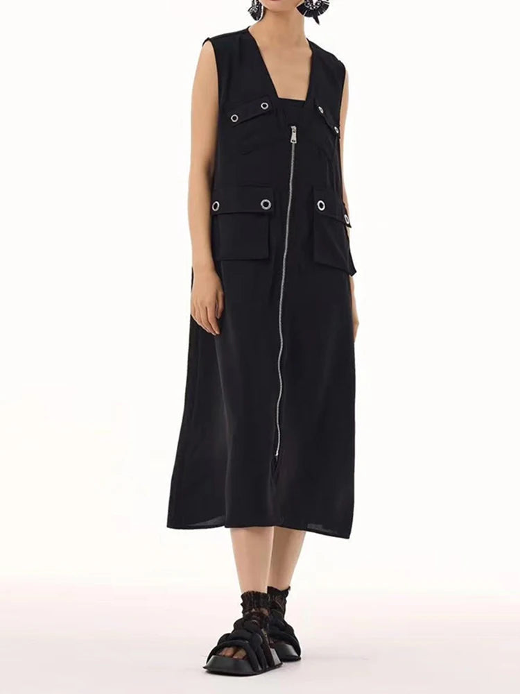 Women Black Zipper Pockets Spliced Big Size Midi Vest Dress New V-Neck Sleeveless Fashion Tide Spring Autumn 2025  1DJ1194