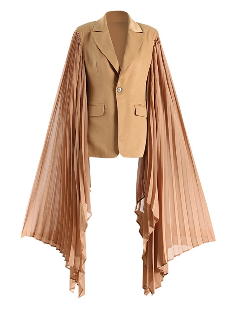 Women Khaki Pleated Irregular Elegant Blazer New Lapel Long Ruffles Sleeve Jacket Fashion Tide Spring Autumn 2025 1DH6395