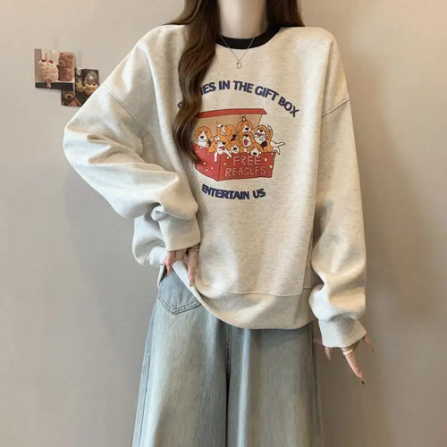 Load image into Gallery viewer, Korean Version Autumn Winter New Grey Patchwork Round Neck Long Sleeved Cotton Tops Women Casual Plush Velvet Sweatershirt Trend
