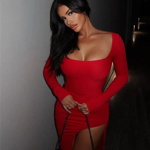 Load image into Gallery viewer, Long Sleeve Ruched High Split Maxi Dress Women Square Collar Drawstring Bodycon Sexy Party Long Dress Elegant Autumn
