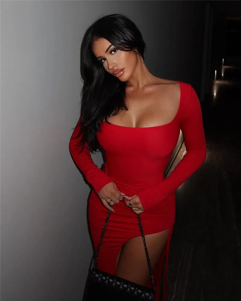 Long Sleeve Ruched High Split Maxi Dress Women Square Collar Drawstring Bodycon Sexy Party Long Dress Elegant Autumn