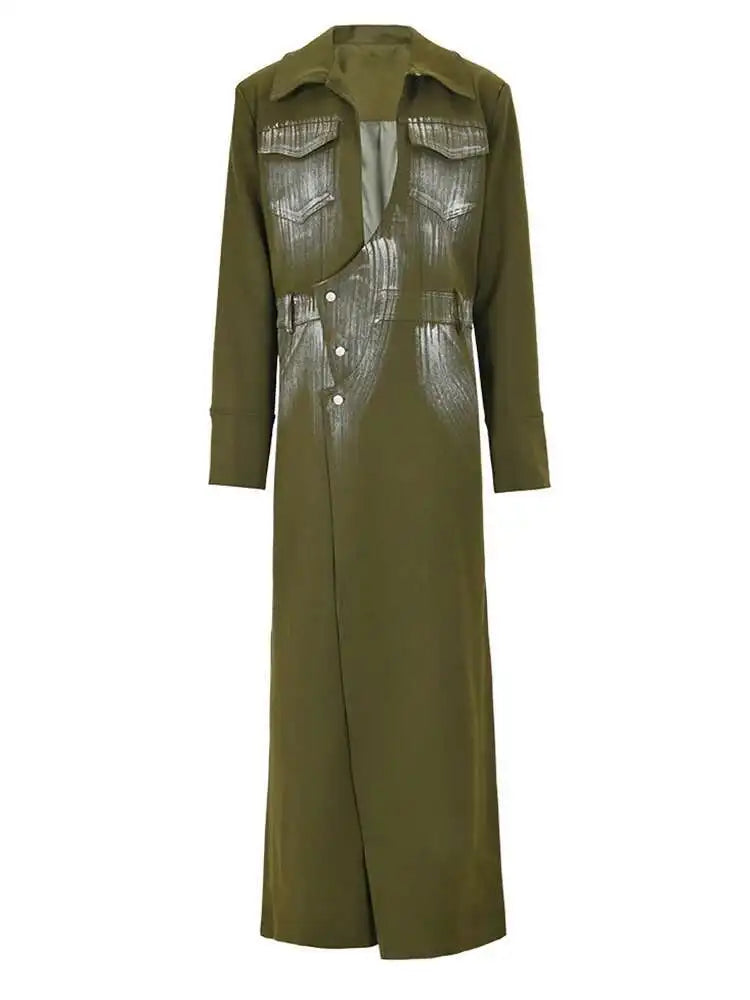 Women Green Paint Elegant Long Blazer New Lapel Long Sleeve Loose Fit Jacket Fashion Tide Spring Autumn 2025 1DF613806