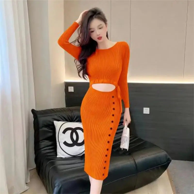 French Women Solid Elegant Festival Hollow Out Knit Dress Autumn Long Sleeve Slim Fashion Drawstring Lace-up Wrap Hip Dress Chic
