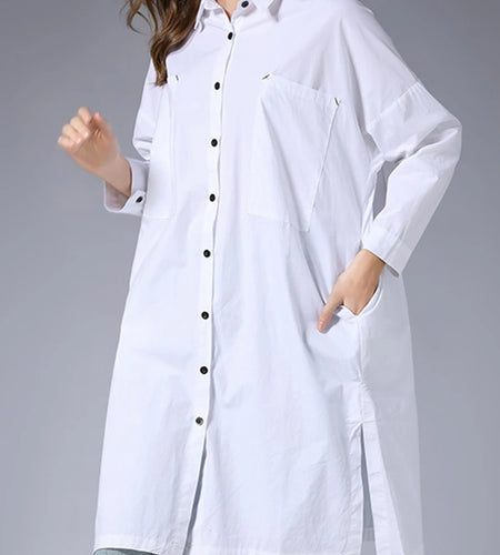 Women White Pocket Slit Spliced Big Size Long Blouse New Lapel Long Sleeve Shirt Fashion Tide Spring Autumn 2025 1DJ1506