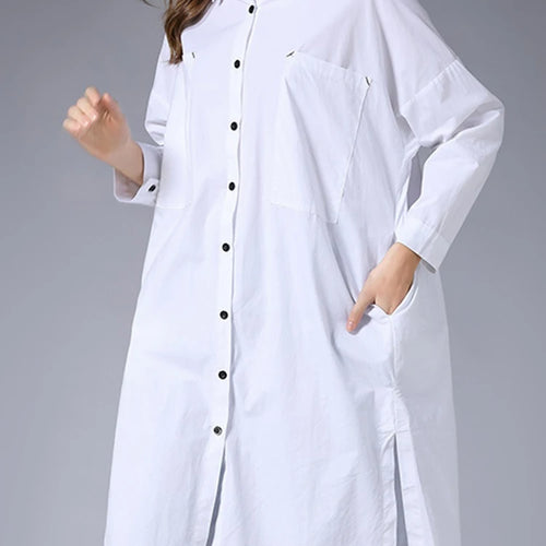 Load image into Gallery viewer, Women White Pocket Slit Spliced Big Size Long Blouse New Lapel Long Sleeve Shirt Fashion Tide Spring Autumn 2025 1DJ1506
