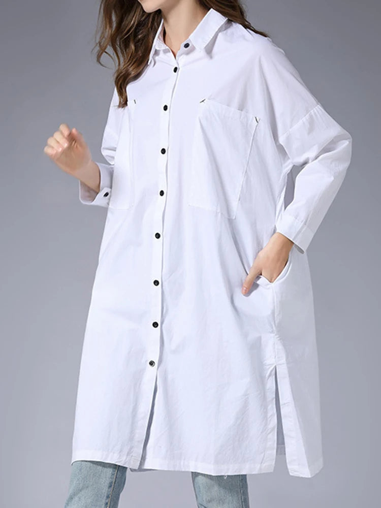 Women White Pocket Slit Spliced Big Size Long Blouse New Lapel Long Sleeve Shirt Fashion Tide Spring Autumn 2025 1DJ1506