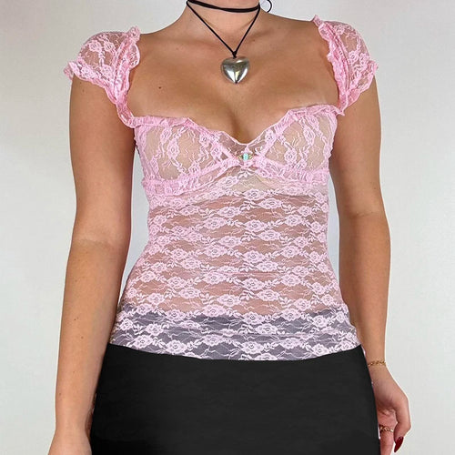 Load image into Gallery viewer, Fashion Square Neck Black Lace T-shirts Sexy Ruched Appliques See Through Crop Top Women Elegant Chic Shirts Summer
