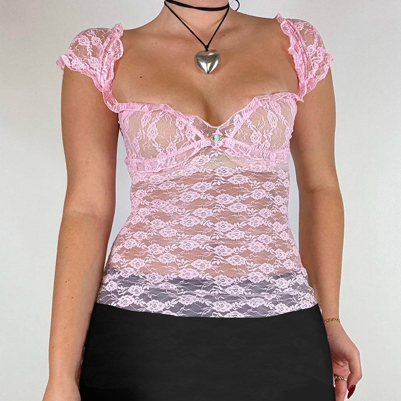 Fashion Square Neck Black Lace T-shirts Sexy Ruched Appliques See Through Crop Top Women Elegant Chic Shirts Summer