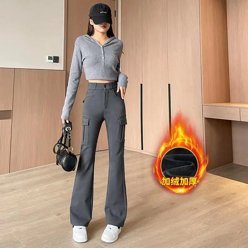 Winter New Women Black Velvet High Waist Pant Grey Office Ladies Korean Fashion Work Trousers Casual New 2024 Simplicity Popular