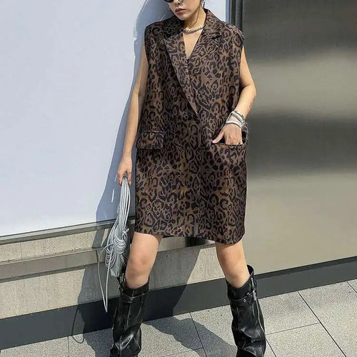 Load image into Gallery viewer, Women Leopard Print Big Size Casual Vintage Mini Vest Dress New Lapel Sleeveless Fashion Tide Spring Autumn 2025 1DH5205
