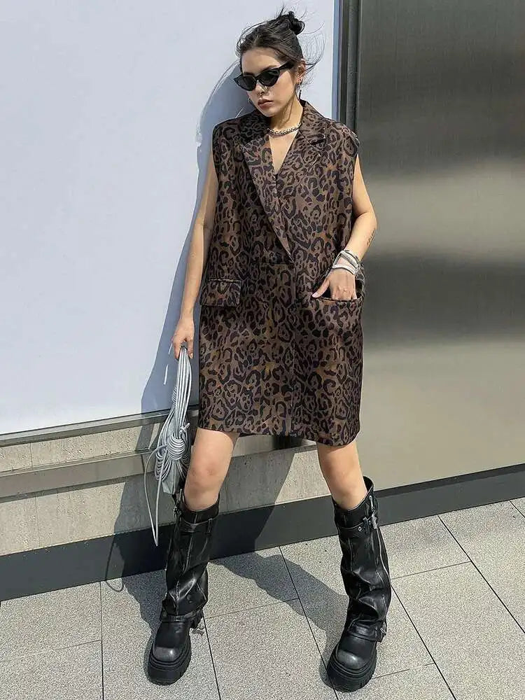 Women Leopard Print Big Size Casual Vintage Mini Vest Dress New Lapel Sleeveless Fashion Tide Spring Autumn 2025 1DH5205