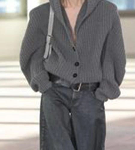 Solid Loose Spliced Hat Casual Cardigan for Women V Neck Long Sleeves Patchwork Single Breasted Cardigan Female New