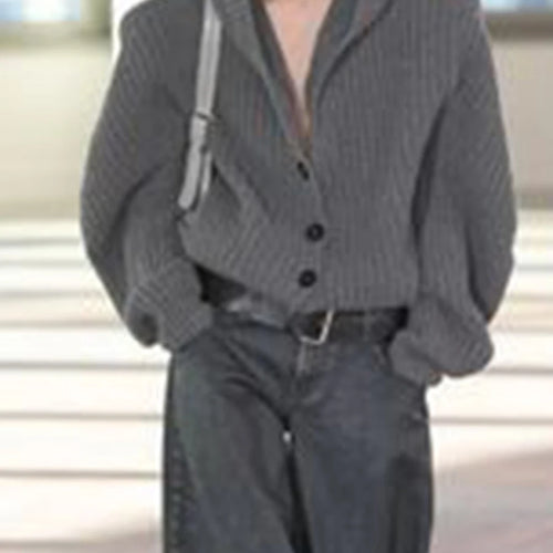 Load image into Gallery viewer, Solid Loose Spliced Hat Casual Cardigan for Women V Neck Long Sleeves Patchwork Single Breasted Cardigan Female New
