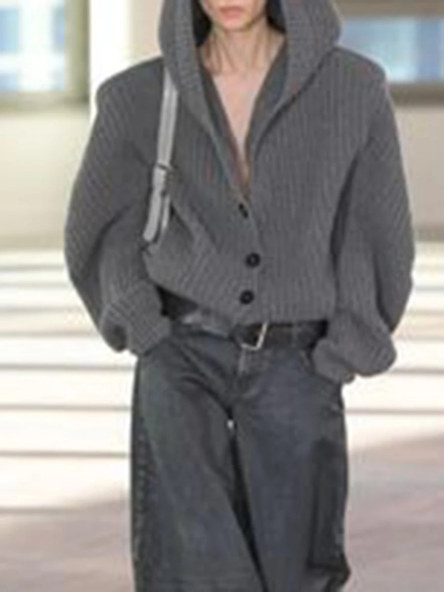 Solid Loose Spliced Hat Casual Cardigan for Women V Neck Long Sleeves Patchwork Single Breasted Cardigan Female New