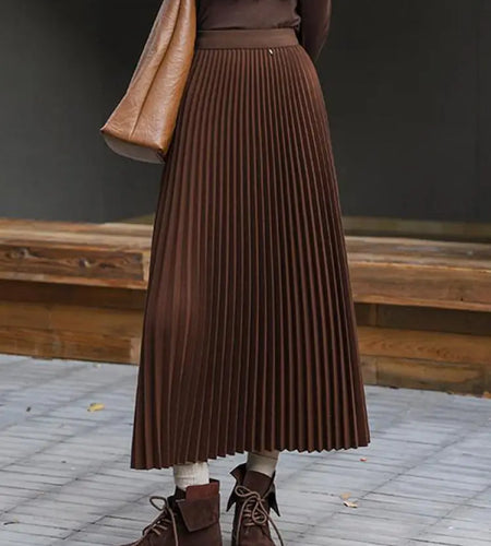 Autumn Winter French Vintage Black Grey Woolen A-line Long Skirt Women's 2024 Brown Elegant High Waist Office Lady Pleated Skirt