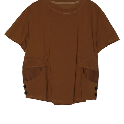 Load image into Gallery viewer, Women Black Pocket Button Big Size Casual T-shirt New Round Neck Short Sleeve Fashion Tide Spring Summer 2025 1DJ1616
