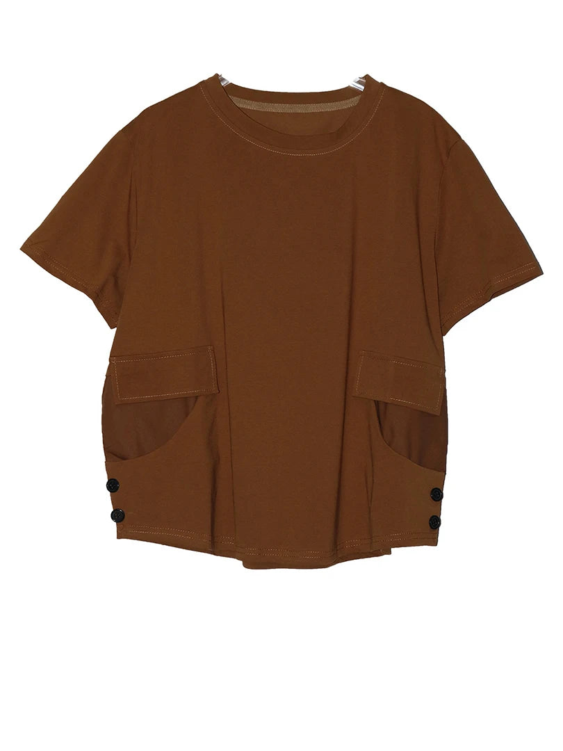 Women Black Pocket Button Big Size Casual T-shirt New Round Neck Short Sleeve Fashion Tide Spring Summer 2025 1DJ1616