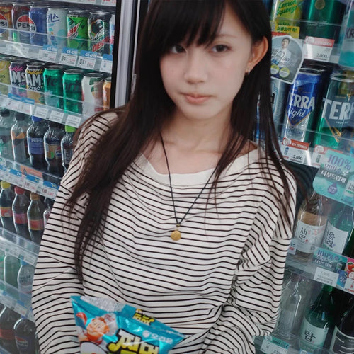 Load image into Gallery viewer, Japanese Y2k Long Sleeve Striped T-shirt 2000s Lazy Style Knitted Tops Vintage Harajuku Knit T Shirt American Retro 90s
