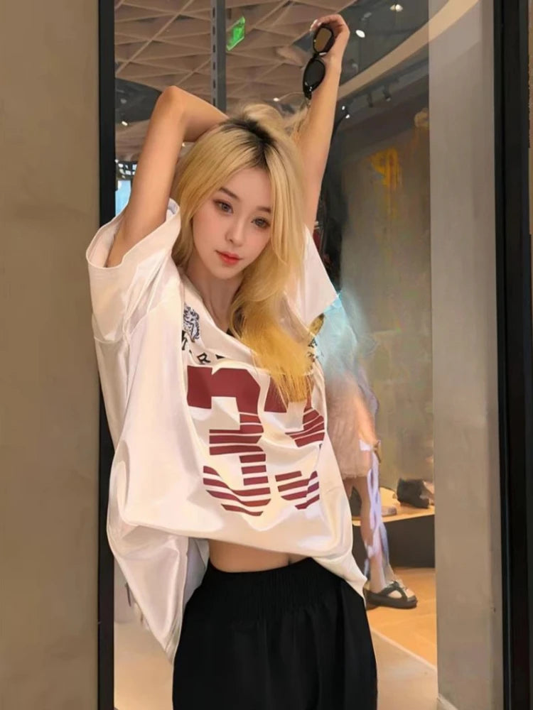 2025 Y2k Aesthetic Vintage Casual Tees Streetwear Letter Printing Oversized Tshirts Harajuku Summer Women Preppy Grunge T-shirt