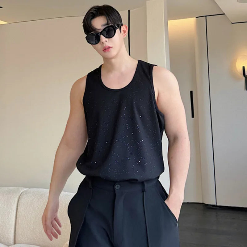 Korean Style Men's Tank Tops Sequins Round Neck Sleeveless Casual Male Tops Loose Clothing Chic Summer 9C6354