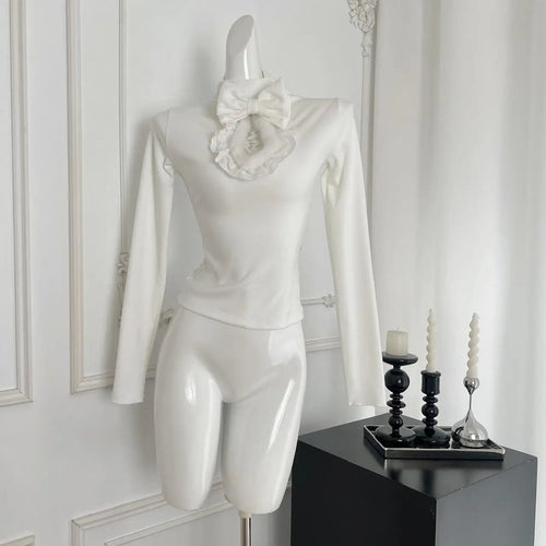 Load image into Gallery viewer, Vintage New 2024 Women's Autumn White Lace Bow Holiday Short T Shirt Pink Elegant Long Sleeve Slim Bottom Tops Fashion Versatile
