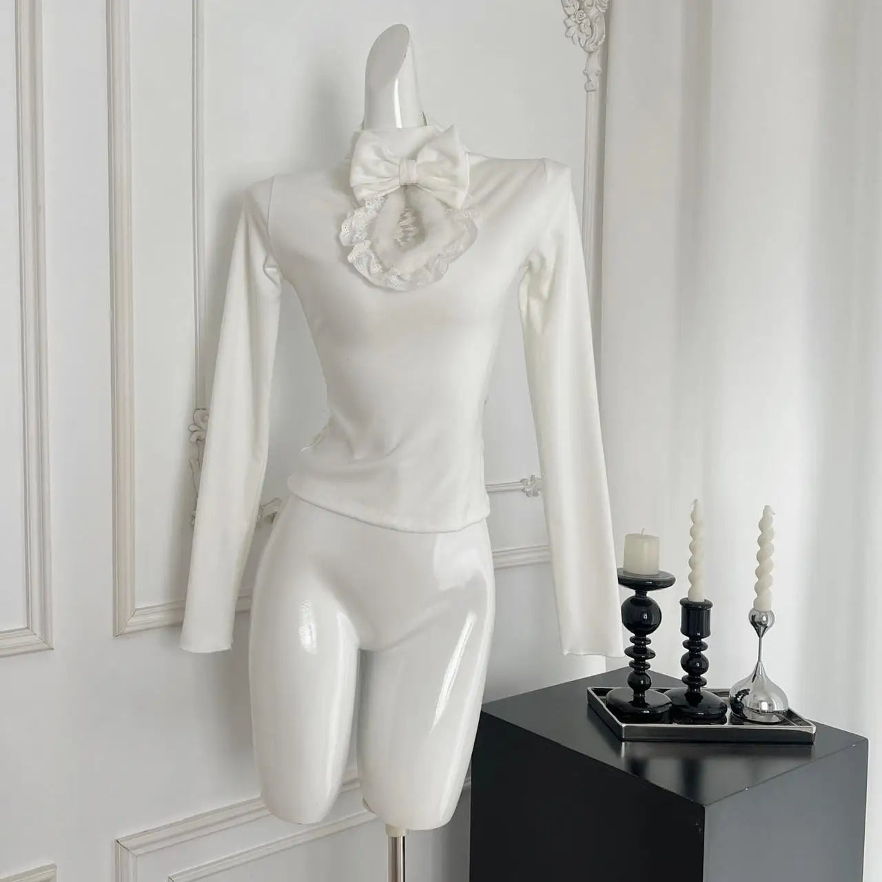 Vintage New 2024 Women's Autumn White Lace Bow Holiday Short T Shirt Pink Elegant Long Sleeve Slim Bottom Tops Fashion Versatile