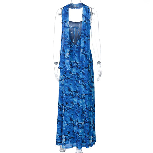 Load image into Gallery viewer, Halter Backless Print Sexy Maxi Dress For Women Gown Elegant Blue Printed Lace-up Sleeveless Evening Long Dress
