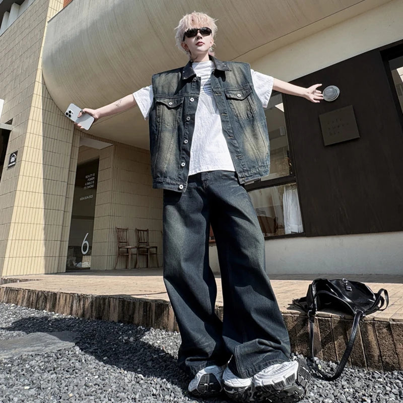 Men's Pants Set New Summer Split Leather Rivet Decoration Single Breasted Multi Pockets Male Causal Straight Jeans 9W1791