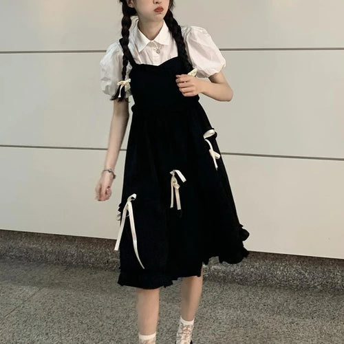 Load image into Gallery viewer, Kawaii Cute Slip Dress Women Sweet Preppy Style Lolita Ruffles Black Dresses School Student Clothes Spring Summer
